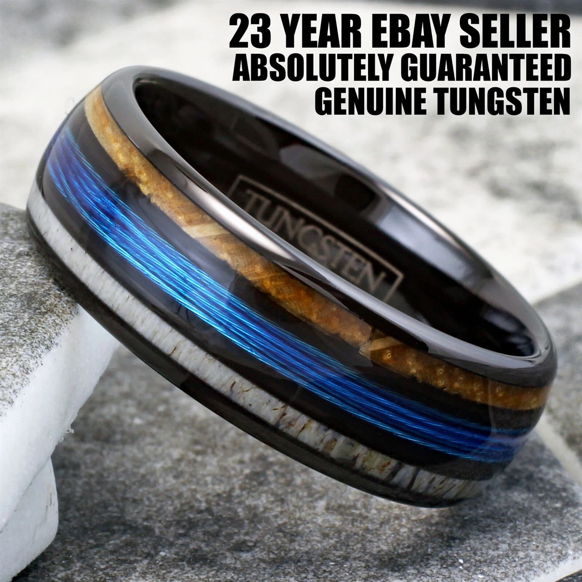 Tungsten Carbide Men's Ring Blue Fishing Line-Whiskey Barrel & Deer Antler  Band