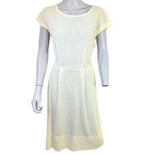 Vintage 50s Midi Dress Zip Women Medium 8 Cream Ribbed Fit & Flare Formal Work M