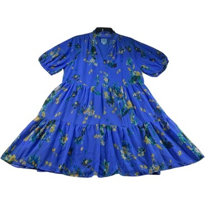 CeCe Dress Womens Size Large Blue Floral Ruffled Puff Sleeve Vneck New