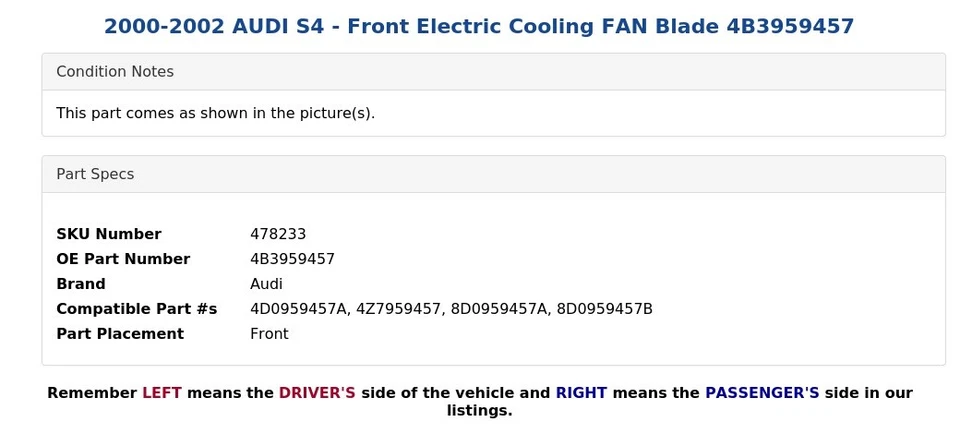 AUDI S4 2000-2002 - Ventilador de refrigeración eléctrico delantero hoja 4B3959457 Foto 4 de 4