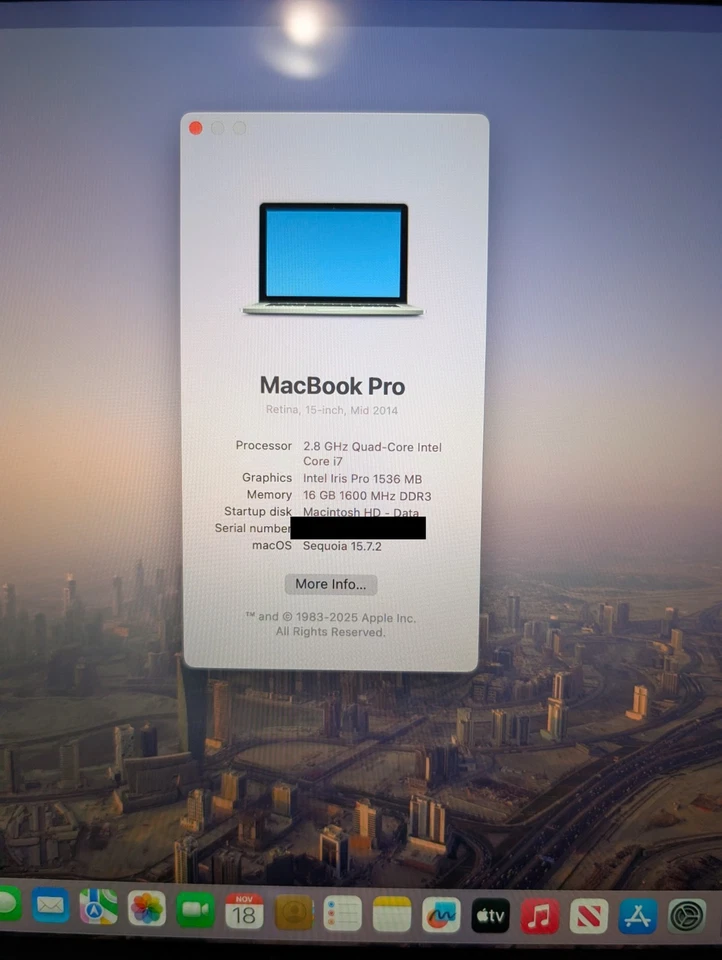 Macbook 15" A1398 - Quad Core Intel i7, 2.8ghz, 16gb, 500gb SSD - NEW BATTERY - Image 2 of 4