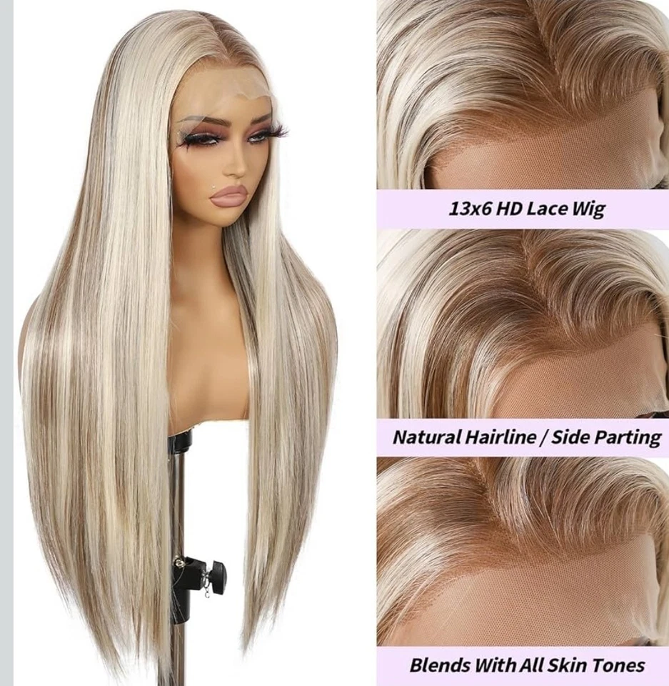 HD Front Lace Wig Human Hair Blend Highlights Long Straight Blonde - Image 3 of 4