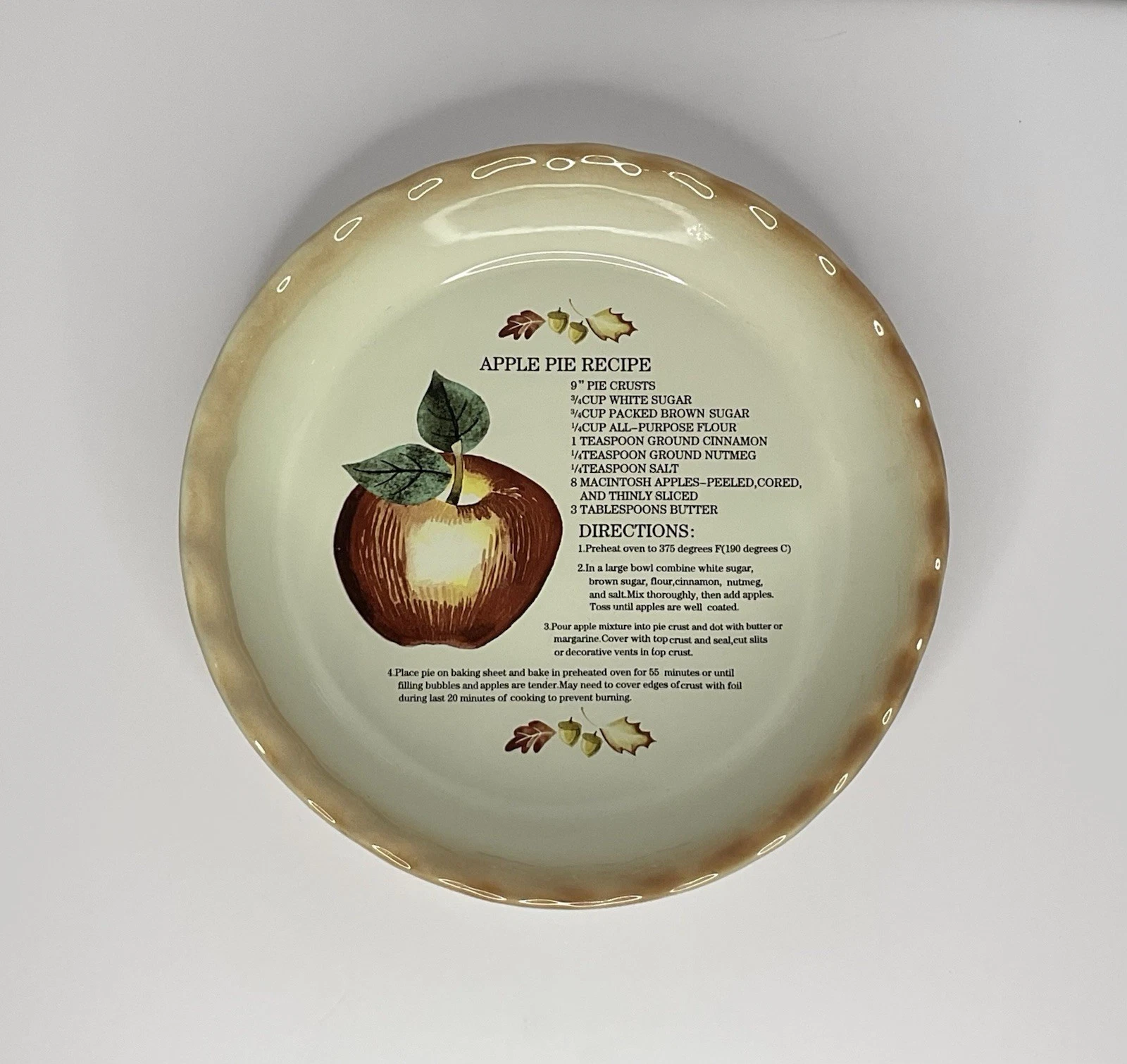 Vintage Nantucket Bakeware Apple Pie Recipe Dish 10” Ceramic Pie Plate 1980s