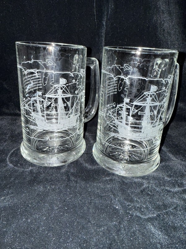 Vintage Pair Nautical Ship Santa Maria Etched Glass Beer Mug 16 Oz