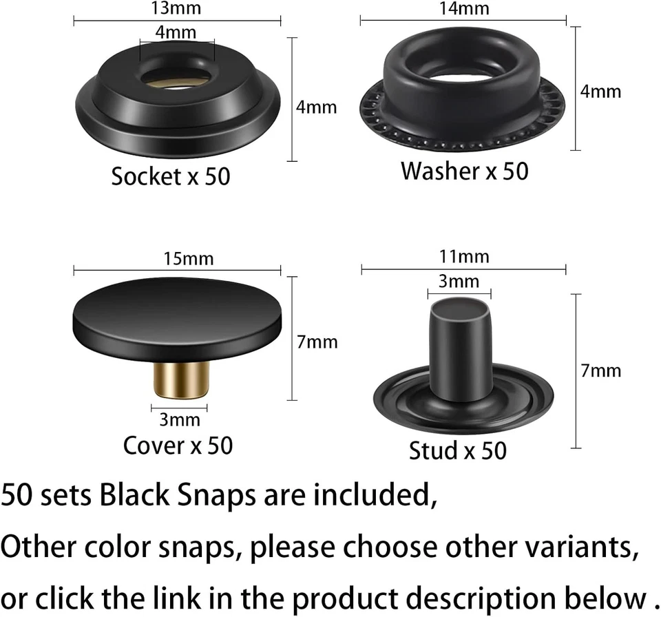 Essential Snap Fasteners Kit: 200 Black 15MM Snaps for Fabric & Leather Crafts - Image 4 of 4