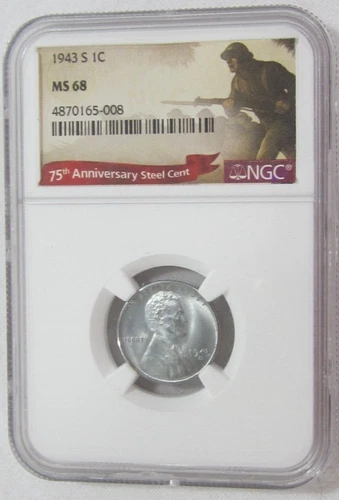 1943 S Lincoln Wheat Cent/Penny - Steel - NGC MS 68 (5-008) Guide $4300