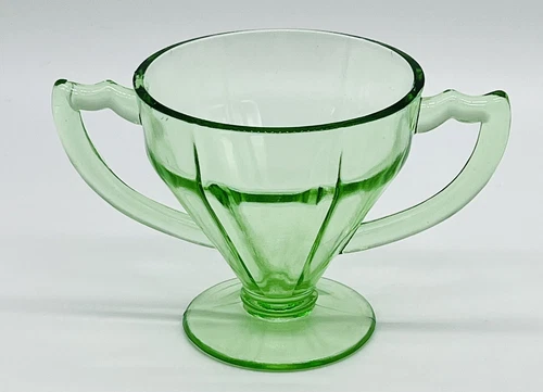 Hazel Atlas Ovide Green Uranium Depression Glass Open Sugar Bowl 3.5 inch Handle