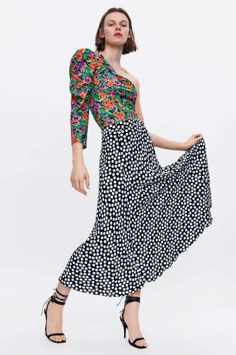 ZARA POLKA DOT MAXI SKIRT BLACK SZ XS 