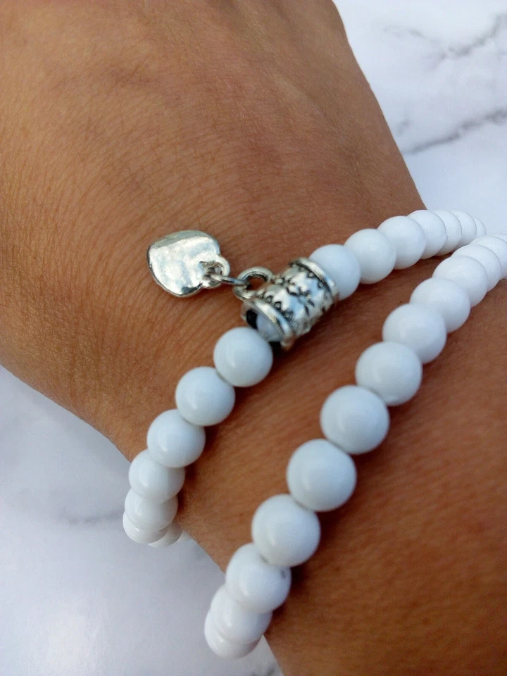 CONJUNTO Pulsera CORAZÓN Dije Tono Plata Blanco Cuentas Elástico Apilamiento Amistad Foto 2 de 2