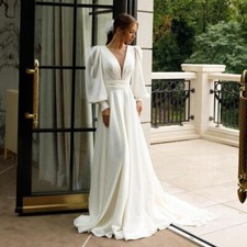 Plus Size A-lineBeach Wedding Dresses V-neck Puff Sleeve Sweep Train Bride Gowns