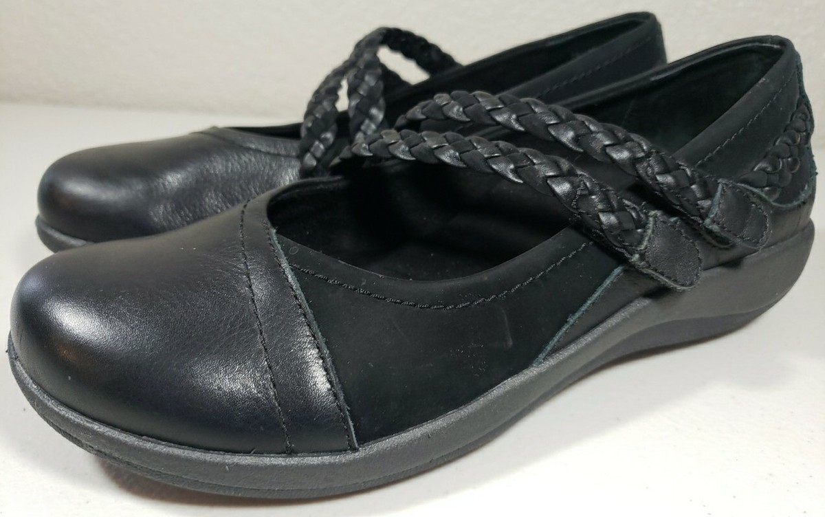 Aetrex Annie Mary Jane Black Leather Braided Strap Comfort Shoes