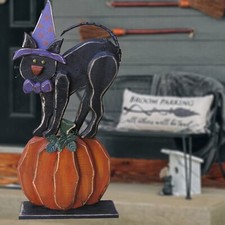 30" Wooden Black Cat on Pumpkin Indoor Outdoor Halloween Decor