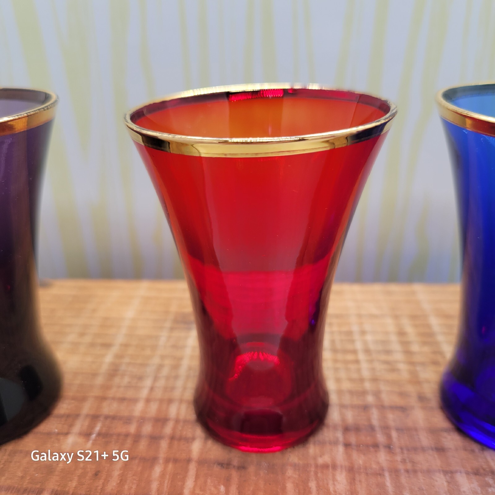 Pier 1 Shot Glasses or Vase Set of 4 Different Colored Glass W/Gold Trim Barware eBay