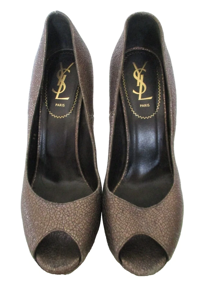Zapatos de tacón YSL Yves Saint Laurent cuero bronce metálico 39 mujer peep-toe Foto 3 de 4