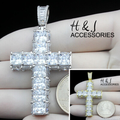 MEN 925 STERLING SILVER ICY BAGUETTE CZ GOLD PLATED/SILVER 3D CROSS ...