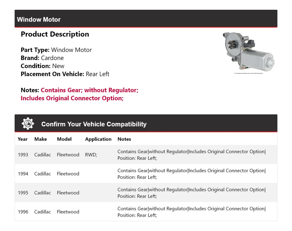 Para 1993-1996 Cadillac Fleetwood motor de janela traseiro esquerdo Cardone 1994 1995 - Imagem 2 de 4