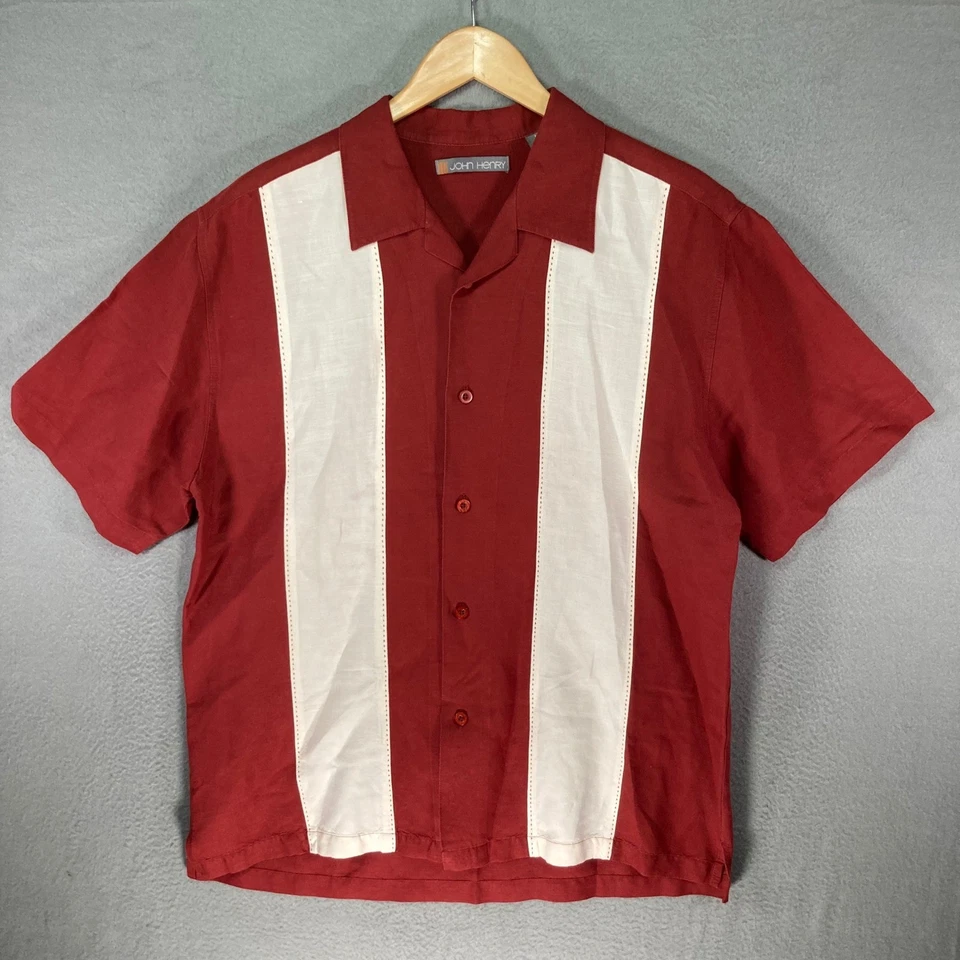 JOHN HENRY Mens M Medium Red White Short Sleeve Button Up Shirt Linen Blend - Image 2 of 4