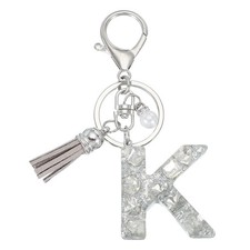 Initial Letter Keychain with Tassel, Alphabet Letter K Keyring, Silver