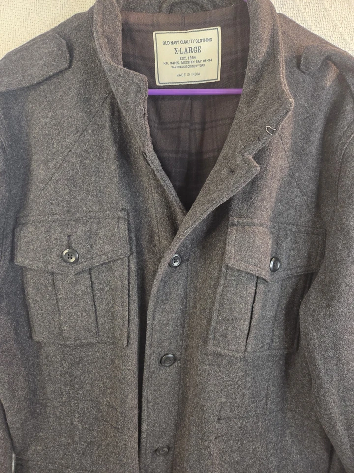 Old Navy Military Jacket Wool Field Coat Mens XL Flannel Lined Cargo Pockets - Image 2 of 4