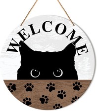 Black Cat Welcome Sign Front Door Decor, Round Wood Hanging Y1