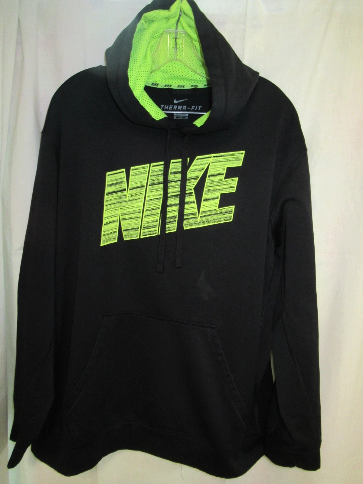 Nike Therma-Fit Hoodie ~ Black NEON LIME YELLOW ~Fleece Lining POCKET ~SIZE XXL