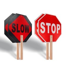 2-Pack Handheld Stop Slow Signs with Wooden Handle - 12" x 12" Double-sided C...