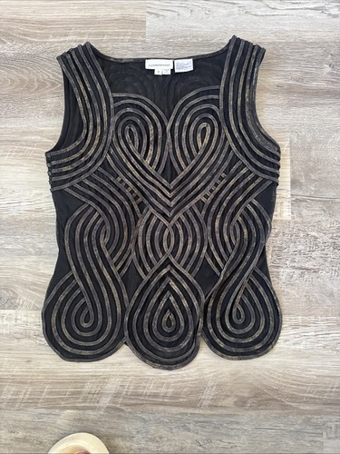 Alexandra Rosati Sleeveless Mesh Ribbon Top Size 6 Avant Garde Black Gold - Picture 8 of 11