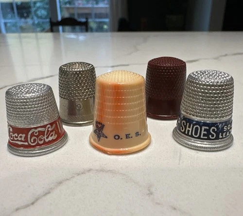 Lot of 5 Sewing Thimbles Vintage Metal Celluloid Plastic Coca-Cola