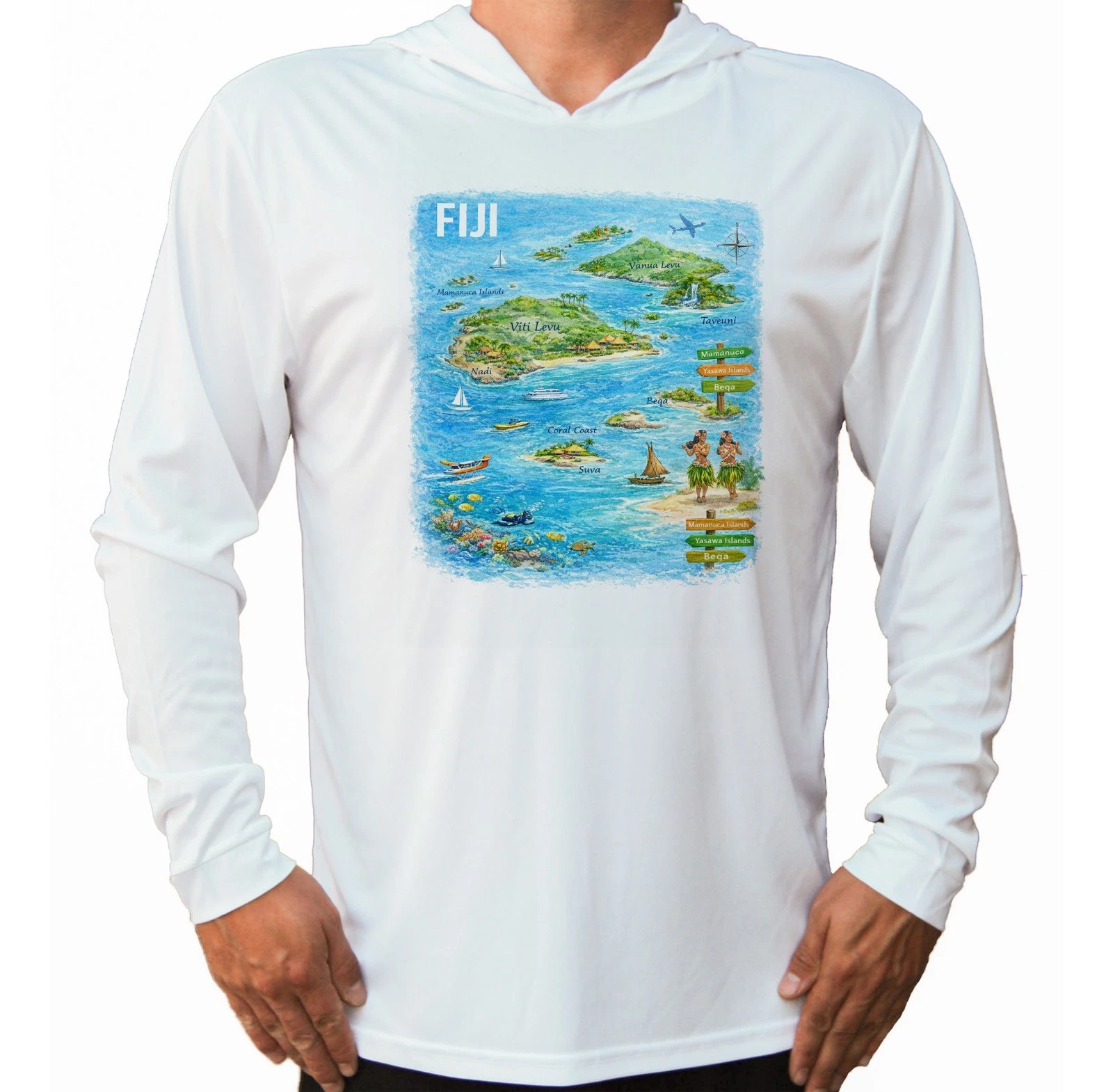 Map of Fiji Islands Sport UV Protected UPF 50 Long Sleeve T-Shirt Hood Fishing