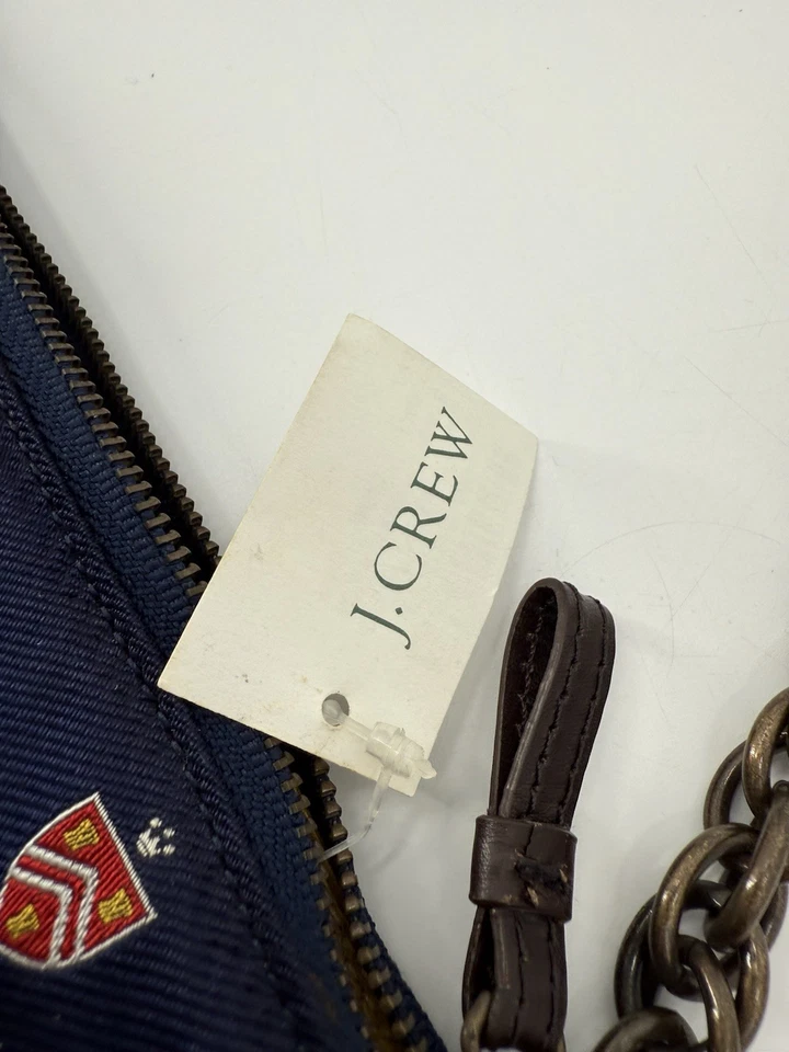 NEW J. Crew Silk Wristlet Clutch Purse Chain Link Strap Preppy Navy Red Crests - Image 2 of 4