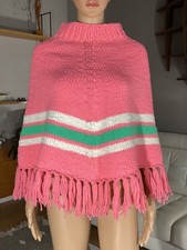 Vintage 1960's Pink / Wool Knit Fringe Cape Sweater Poncho S Hippie Boho