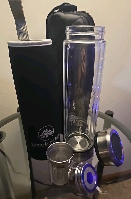 Glass Tea Infuser Bottle w/ Travel Sleeve Black Sacred Lotus 14oz Double Wall