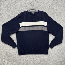 Nautica Sweater Mens Medium Blue White Gray Stripe Crewneck Cotton Pullover