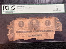 1863 $1 Confederate States of America T-62 Bank Note / PCGS Graded Fair 2!!