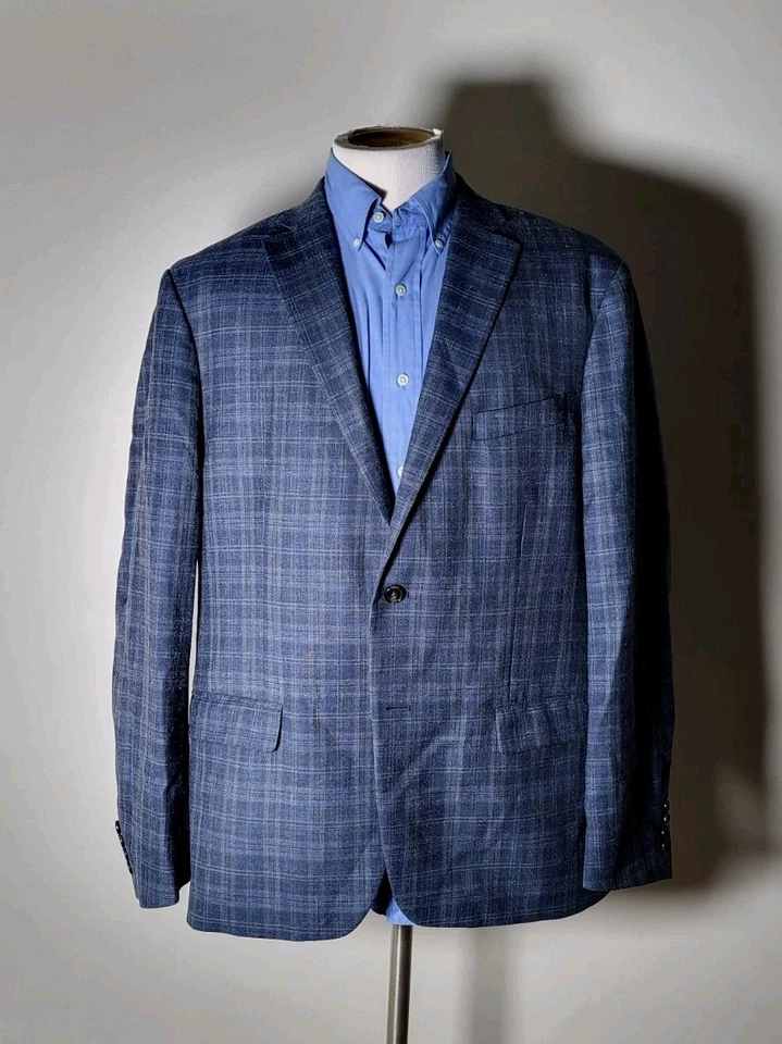 46R Ralph Lauren SILK WOOL LINEN plaid blue Black Gray Blazer Jacket Sport Coat - Image 4 of 4