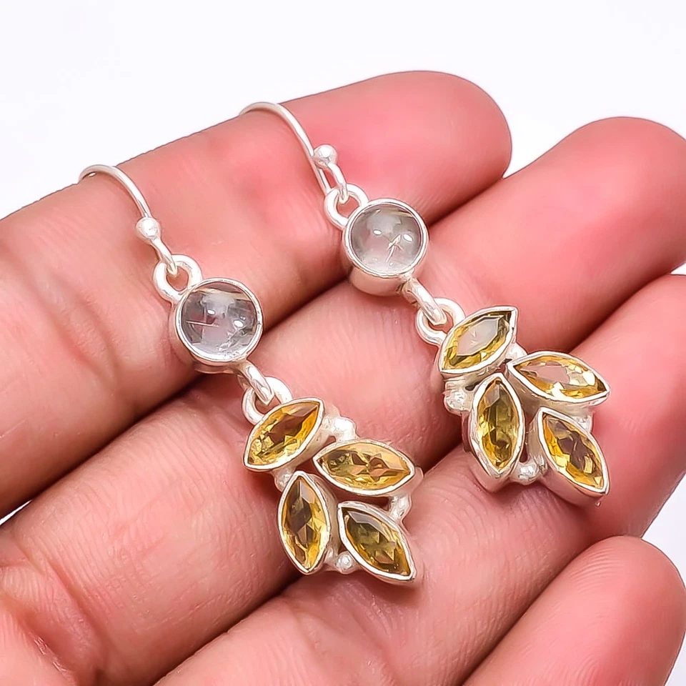 Golden Rutilated Quartz Multi Collet 925 Sterling Silver Earring 2.03" E19 - Image 4 of 4