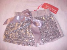 New BABY BLOOMERS Silver Sequin Bow diaper cover Small Med 6-12 month Pant Short