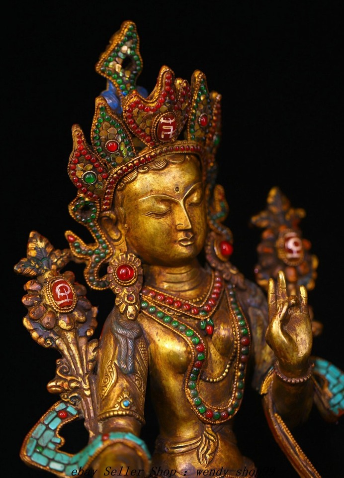 13" Old Tibet Copper 24 K Gold Gilt Turquoise Green Tara Guanyin Buddha
