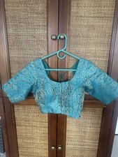 Blue, Green Faux Banarasi Saree Sari Blouse, Embossed Gold Design. 38  NWOT 
