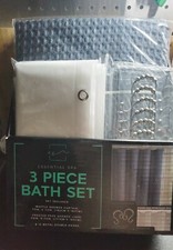 ESSENTIAL SPA 3 Piece Bath Set Waffle Shower Curtain Liner  12 Metal Hooks GRAY