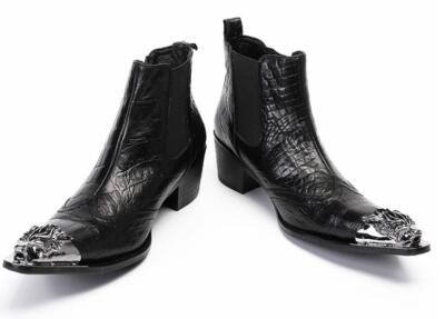 Men's Fashion Metal Head Pointy Toe Textured Ankle Boots Punk Rock