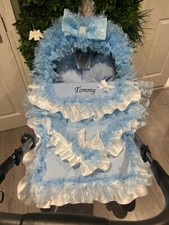 ROMANY PRAM SET BLUE FRILLY BLING OPTIONAL HOOD TRIM AND PERSONALISATION