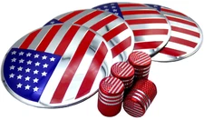 US Flag Wheel Cap Hub Sticker Decal 2.20" 56mm + 4 Tire Valve Stem Caps