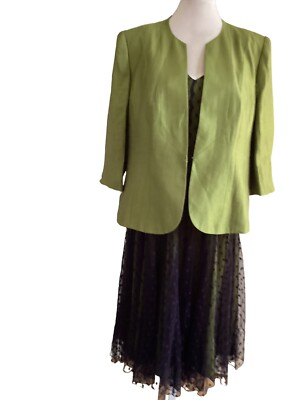 Jacques Vert grün lila Band Kleid Jacke Größe 18 Tasche Extra