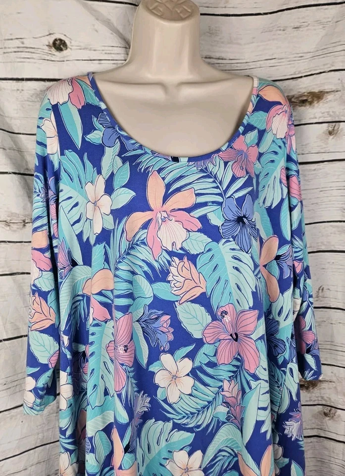 Tori Richard Blue Tropical Floral Dress L Hawaiian Modal Shift Jersey A-Line - Image 2 of 4