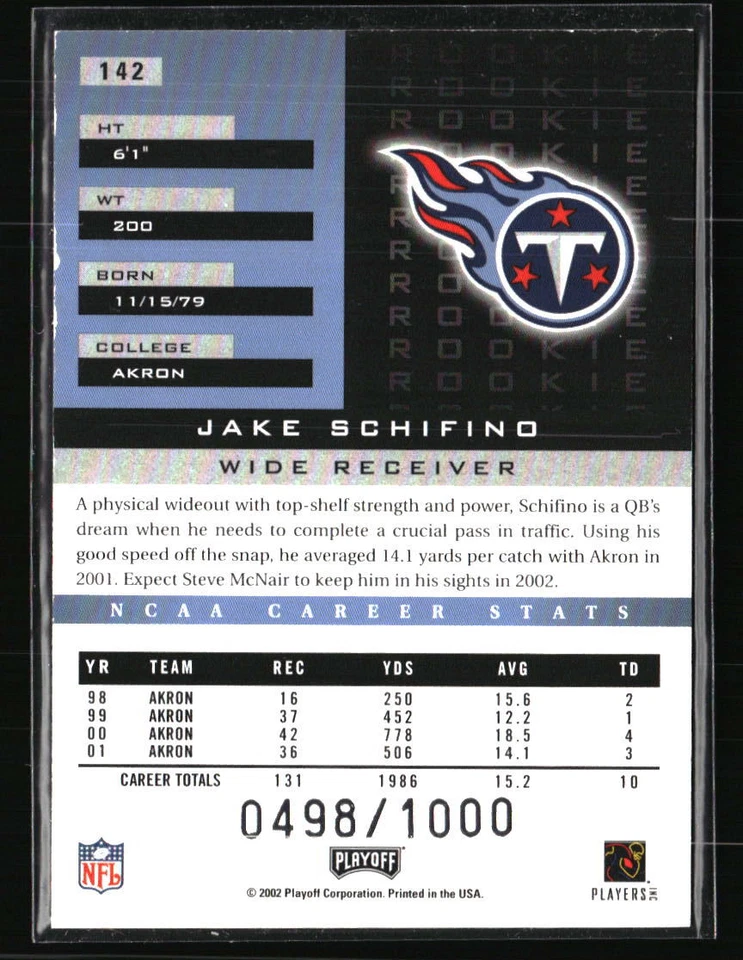 Jake Schifino 2002 Playoff Honors #142 /1000 Football Card - Image 2 of 2