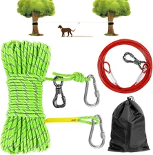 Dog Tie Out Cable for Camping, 50FT Dog Trolley System Runner Cable with 10FT Do