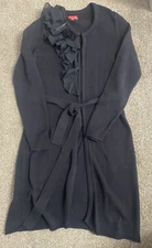 Elle Sweater Large Cardigan Longline Knit Black Tie Front Floral Accent