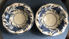 2 Hand Painted Greek Pottery Bowls 8” Blue Floral Scalloped Rim Signed Greece