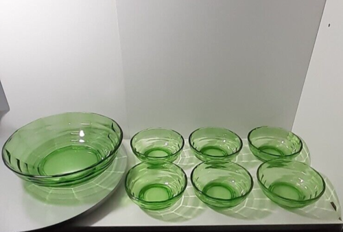 Vintage Green Glass Salad Fruit Bowl Set 7 Pieces - Picture 1 of 23
